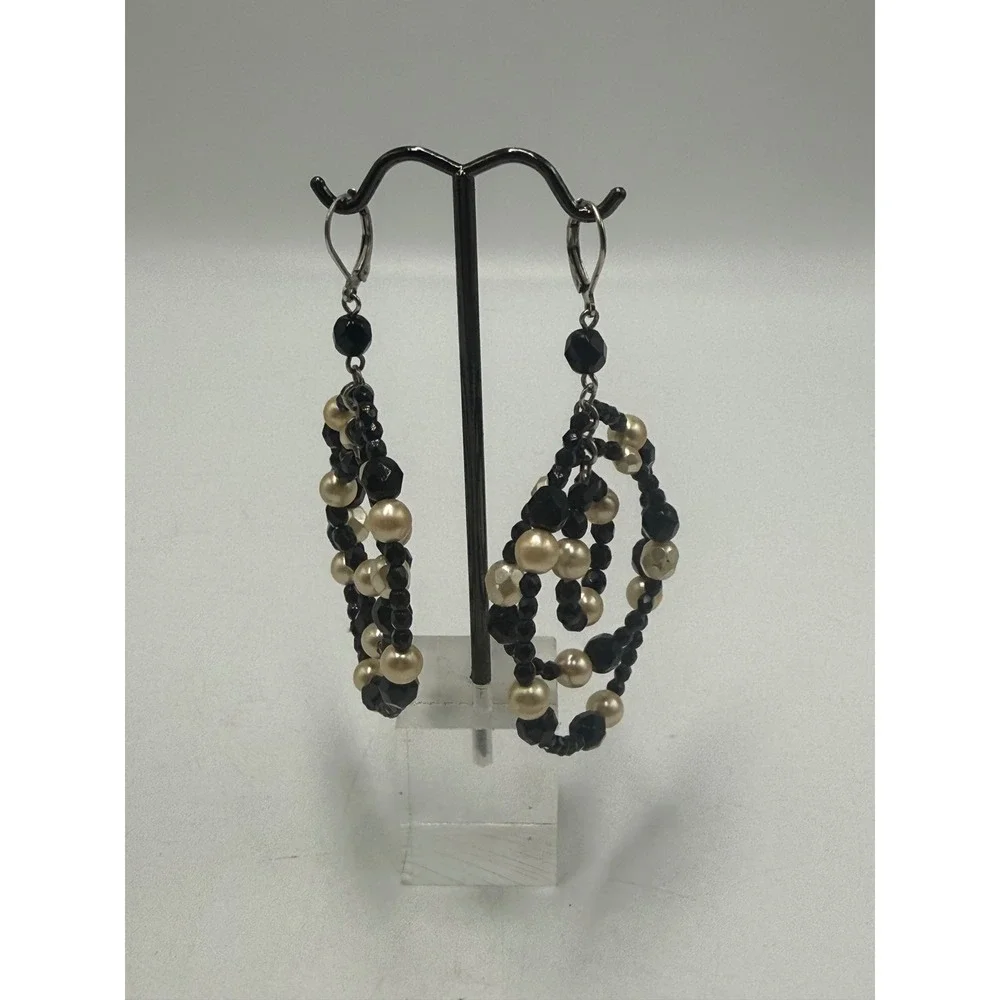 Black and Cream Faux Pearl Multi Strand Tiered Hoop Chandelier Earrings